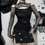 Shredded Gothic Mesh Top | Black Grunge Cold Shoulder Shirt - Image 2