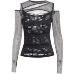 Shredded Gothic Mesh Top | Black Grunge Cold Shoulder Shirt - Image 4