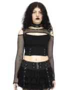 Gothic Harness Crop Top | Fishnet Sleeves & Buckle Straps - Image 3