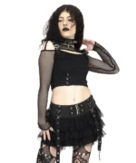 Gothic Harness Crop Top | Fishnet Sleeves & Buckle Straps