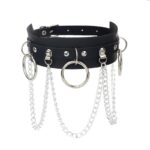Gothic Punk Choker with Chains & O-Rings – Black Faux Leather Statement Collar