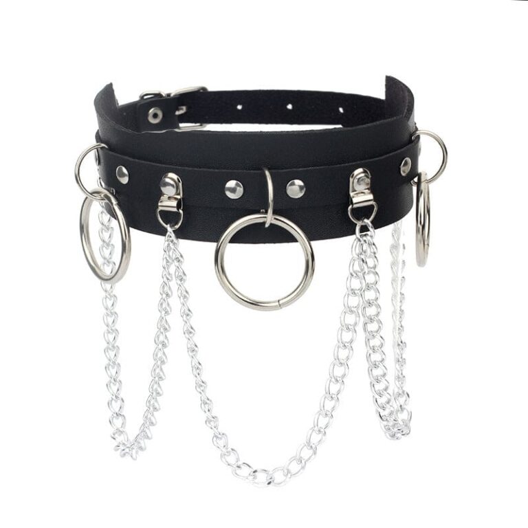 Gothic Punk Choker with Chains & O-Rings – Black Faux Leather Statement Collar
