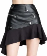 Asymmetrical Black Faux Leather Skirt | Gothic Punk Skirt with Zippers & Buckles