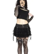Gothic Black Mini Skirt | Punk Buckle Skirt With Ruffles & Strap Detail - Image 4