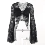 Gothic Black Lace Bell Sleeve Crop Top | Witchy Sheer Mesh Shirt with Butterfly Detail