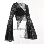 Gothic Black Lace Bell Sleeve Crop Top | Witchy Sheer Mesh Shirt with Butterfly Detail - Image 3