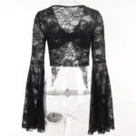 Gothic Black Lace Bell Sleeve Crop Top | Witchy Sheer Mesh Shirt with Butterfly Detail - Image 2