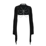 Gothic Black Bolero Shrug with Chains | Vampirecore Crop Top with Spider Web Details