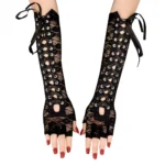 Black Lace-Up Gothic Arm Warmers | Fingerless Punk Gloves for Women