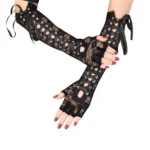 Black Lace-Up Gothic Arm Warmers | Fingerless Punk Gloves for Women - Image 3