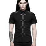 Men’s Gothic Buckle Shirt | Black Short Sleeve Harness Shirt with Leather Straps