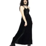 Gothic Velvet Lace-Up Maxi Dress | Black Long Spaghetti Strap Dress