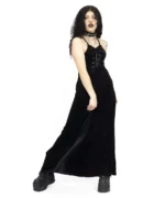 Gothic Velvet Lace-Up Maxi Dress | Black Long Spaghetti Strap Dress