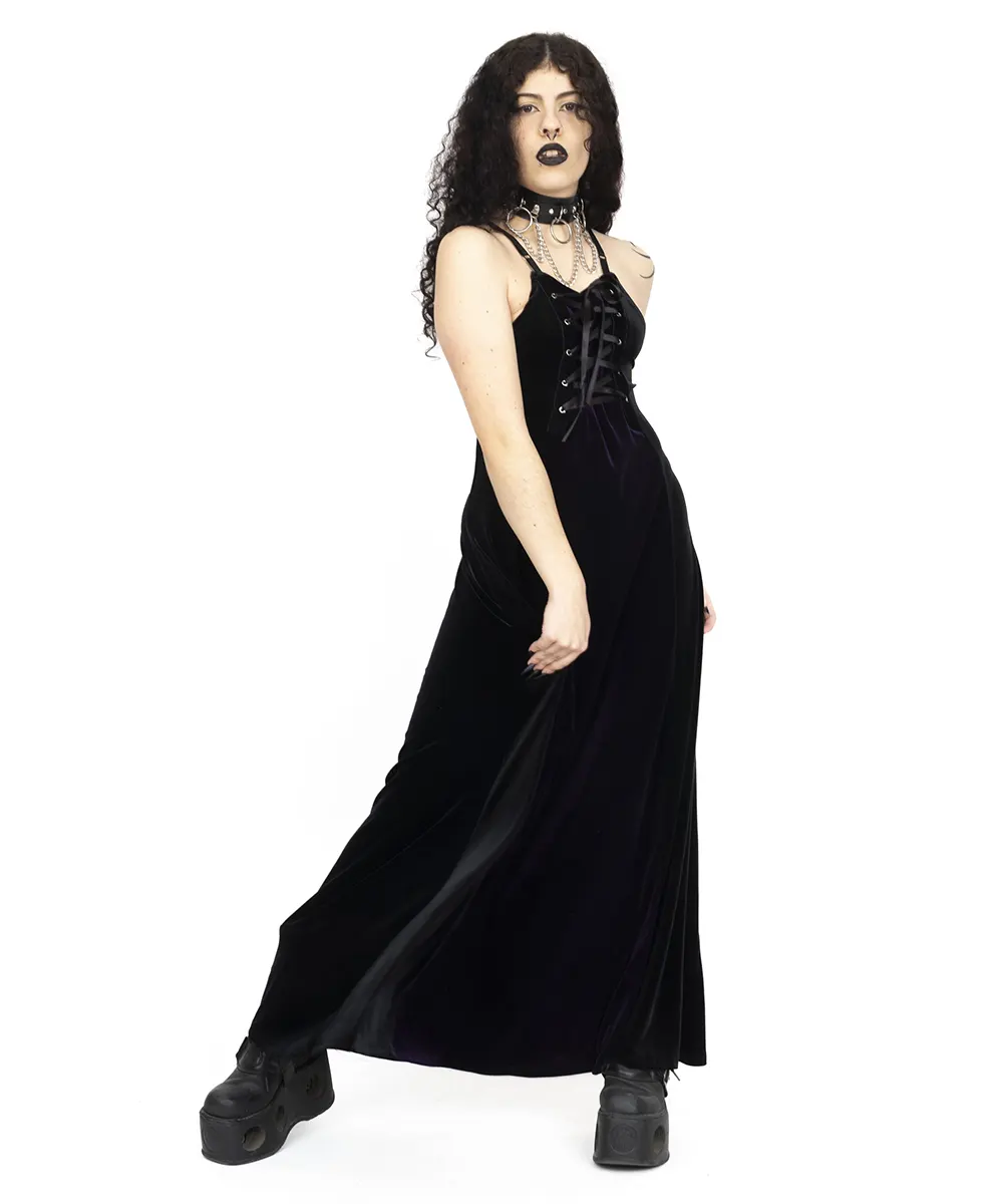 GothicVelvetLace-UpMaxiDressBlackLongSpaghettiStrapDress Gothic Velvet Lace-Up Maxi Dress | Black Long Spaghetti Strap Dress - Image 1