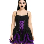 Black Gothic Lace-Up Mini Dress with Purple Details | Corset Style Short Dress | Gothic Fashion