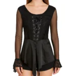 Gothic Black Lace-Up Top | Sheer Mesh Sleeves & Lace Detail