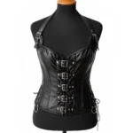 Gothic Black Leather Corset Top with Buckles & Lace-Up | Punk Halter Corset