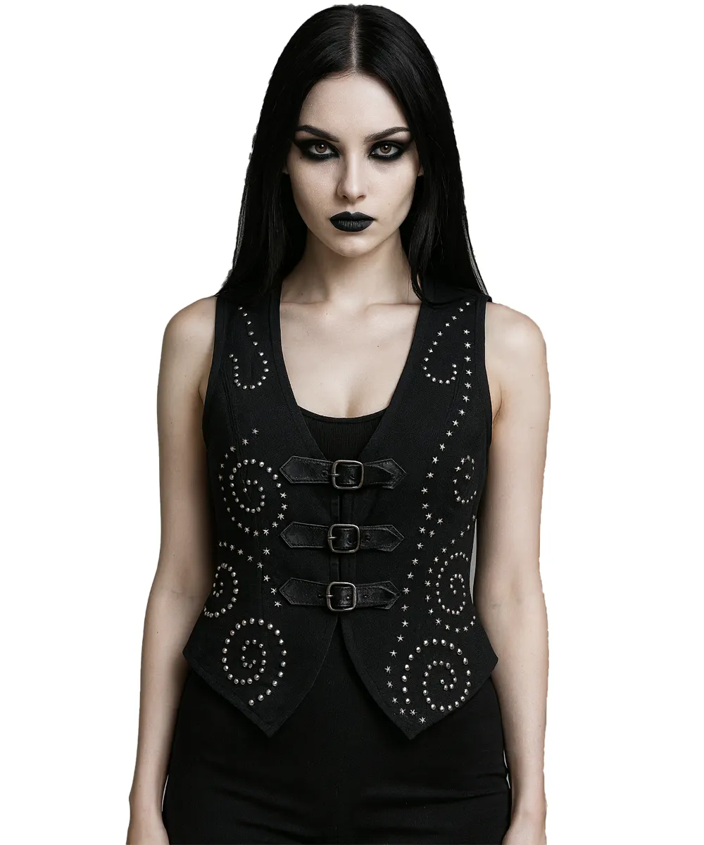 Black Gothic Studded Vest | Alternative Buckle Waistcoat with Spiral ...