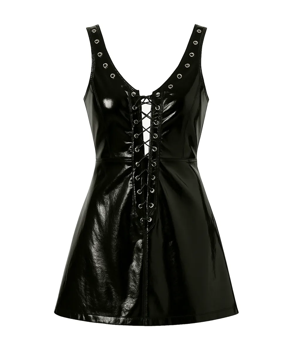 black vinyl mini dress Lace-Up | Gothic Fetish Alternative Fashion Cute A Line Strapless Halter neck Travel Essentials Color:Dark Sapphire shirt dress features a