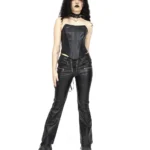 Black Faux Leather Lace-Up Flared Pants | Gothic High Waist Zipper Detail