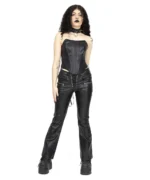 Black Faux Leather Lace-Up Flared Pants | Gothic High Waist Zipper Detail
