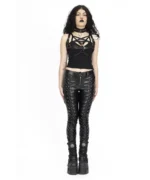 Black Lace-Up Faux Leather Pants | Gothic High Waist Slim Fit - Image 4