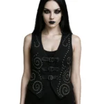 Black Gothic Studded Vest | Alternative Buckle Waistcoat with Spiral Metal Details