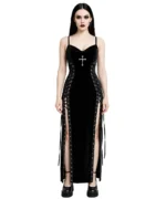 Gothic Black Velvet Corset Lace-Up Maxi Dress with Cross Detail - Image 2