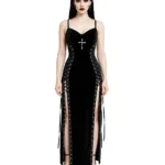 Gothic Black Velvet Corset Lace-Up Maxi Dress with Cross Detail