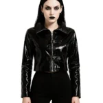 Vintage Black Vinyl Cropped Jacket with Buckle Details