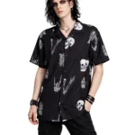 Vintage Gothic Skeleton Print Shirt | Black Unisex Goth Button Up