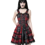 Red Tartan Gothic Corset Dress with Black Lace | Medium