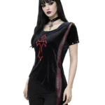Gothic Velvet Cross Top with Lace Panel | Black & Red | Demonyx