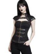Goth Corset Inspired Top with Gently Worn Leather Trims & Lace-Up Back