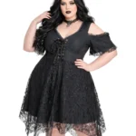 Plus Size Gothic Lace Cold Shoulder Dress | Black | Size 52