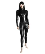 Glossy Latex Look Zip-Up Catsuit | Gothic Vinyl Bodysuit Jumpsuit (Black | Red) - Image 7