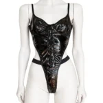 Black Glossy Vinyl Corset Teddy Set | Lace-Up Underwire Bodysuit with Thong | Goth Lingerie