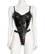 Black Glossy Vinyl Corset Teddy Set | Lace-Up Underwire Bodysuit with Thong | Goth Lingerie