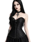 Black Gothic Brocade Corset Bustier | Lace Up Back & Front Zip (Victorian Style)