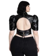 Black Vinyl Gothic Puff Sleeve Crop Top | High Neck Open Back Lace-Up | Dark Alternative Fashion by Demonyx - Image 2