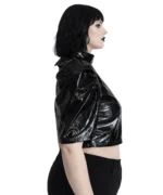 Black Vinyl Gothic Puff Sleeve Crop Top | High Neck Open Back Lace-Up | Dark Alternative Fashion by Demonyx - Image 3