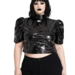 Black Vinyl Gothic Puff Sleeve Crop Top | High Neck Open Back Lace-Up | Dark Alternative Fashion by Demonyx