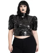 Black Vinyl Gothic Puff Sleeve Crop Top | High Neck Open Back Lace-Up | Dark Alternative Fashion by Demonyx