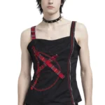 Goth Punk Plaid Strap Top with Zipper Detail | Black Alternative Grunge Camisole