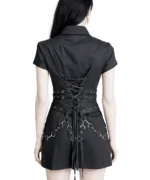 Black Industrial Zip Front Goth Dress | Corset Back Mini Dress - Image 2
