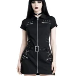 Black Industrial Zip Front Goth Dress | Corset Back Mini Dress