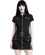 Black Industrial Zip Front Goth Dress | Corset Back Mini Dress