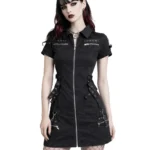 Black Gothic Zip Front Mini Dress with Straps & Metal Hardware