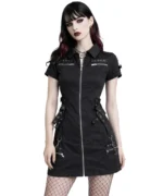 Black Gothic Zip Front Mini Dress with Straps & Metal Hardware