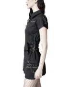 Black Gothic Zip Front Mini Dress with Straps & Metal Hardware - Image 2
